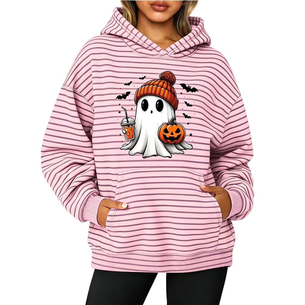 Women's Fashion Striped Print Long Sleeve Pullover Hoodie with Pockets for Halloween