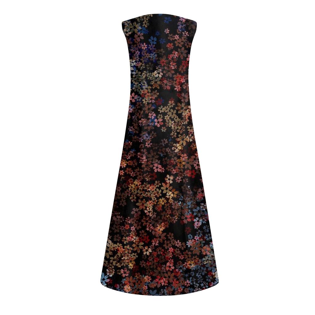 Kadın Yeni Bahar Ve Yaz Modası Klasik V Yaka Renkli Baskı Kolsuz Uzun Elbise