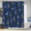 Modern Christmas Shower Curtain with Elk Pine Tree Design Waterproof Fabric for Bathroom Decorations Navy Blue + Gold Pattern