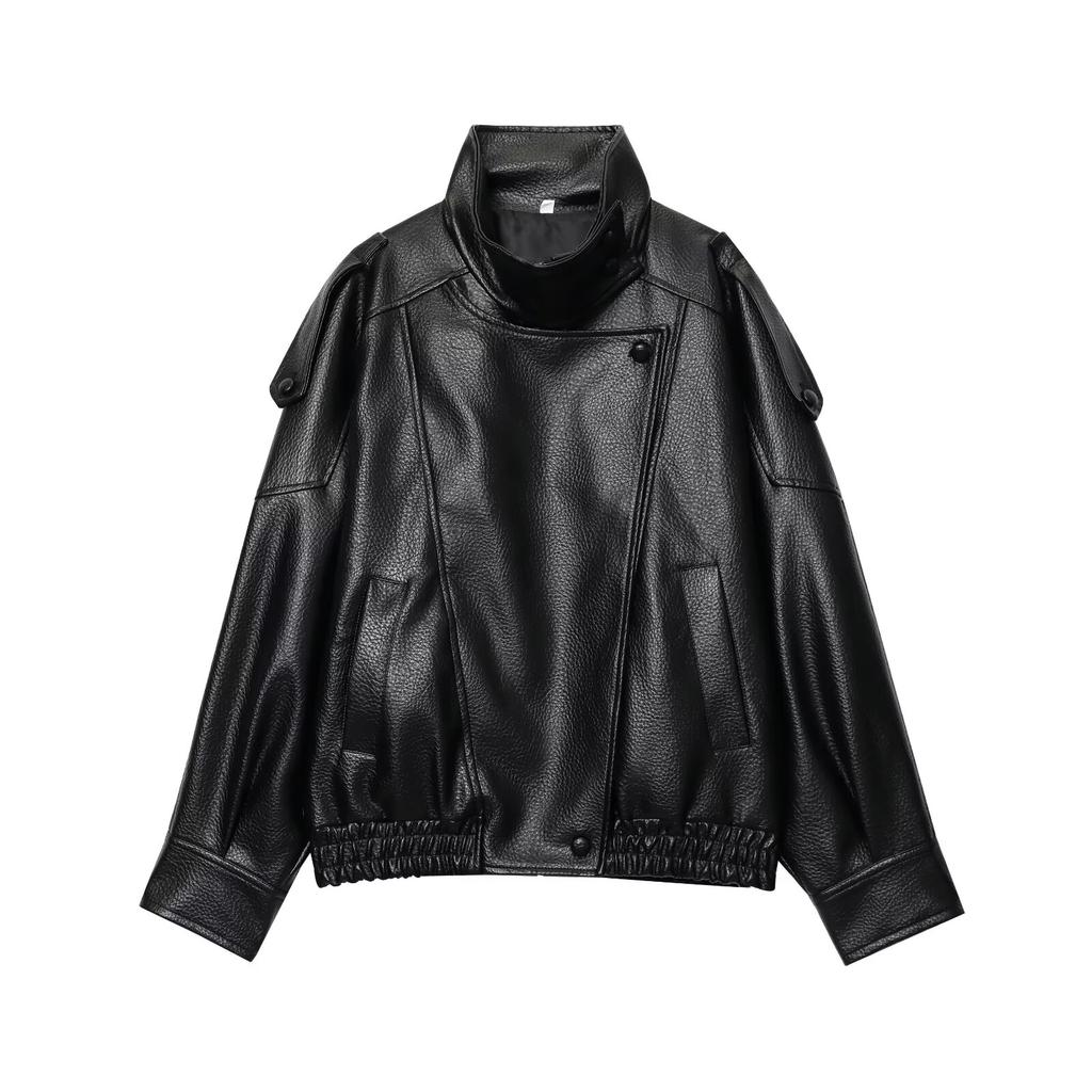 Chaquetas de Cuero para Mujer Manga Larga Botones Elásticas Abrigos Oversize Moda Otoño Invierno Streetwear