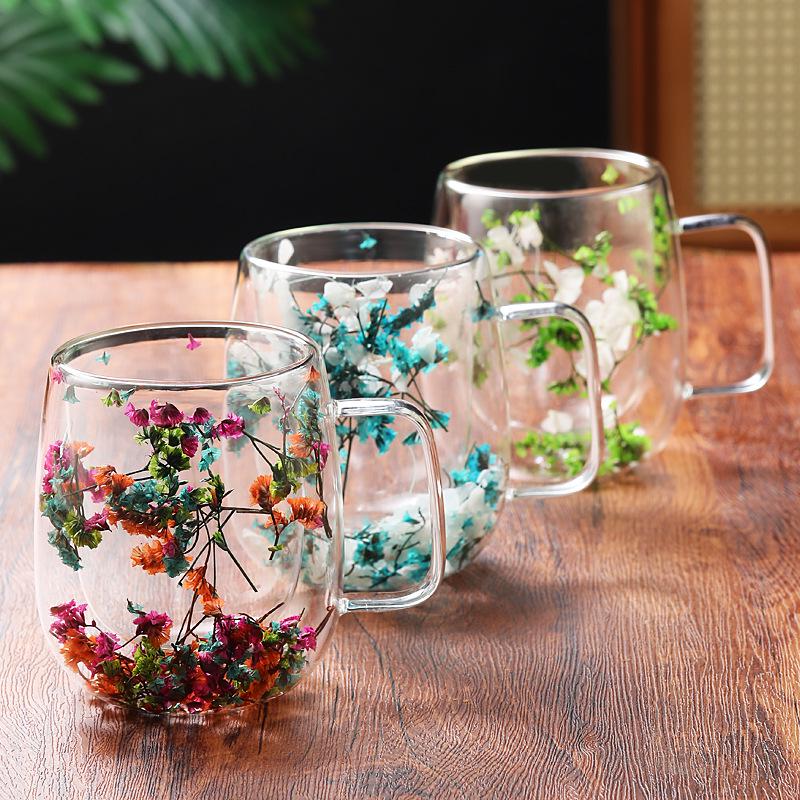 High-Value Double-Walled Glass Cup with Real Dried Flowers