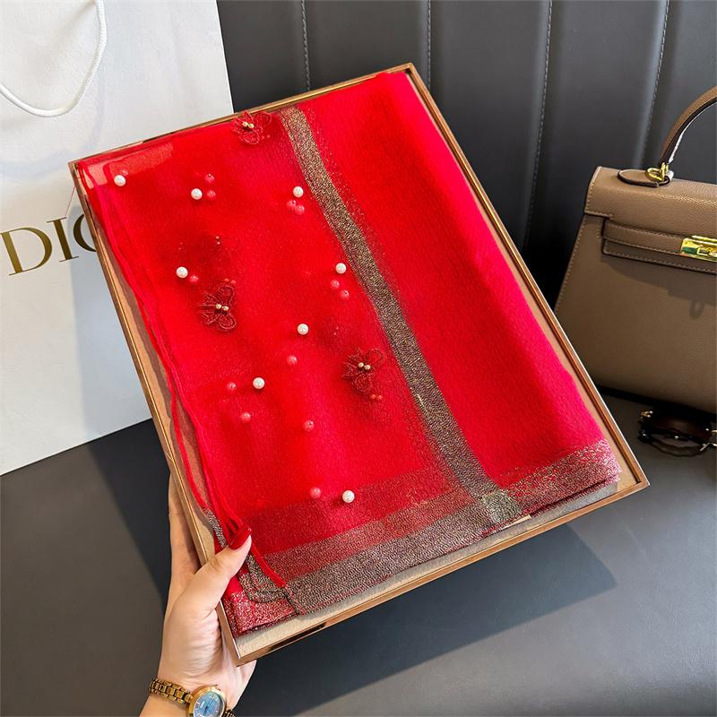 Floral Embroidery Silk Wool Scarf Luxury Women Hijab Female Foulard Pashmina Long Beach Stoles Shawl Wrap Scarves Bandana