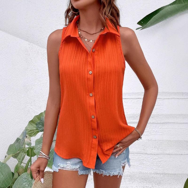 Camicetta da Donna Arancione a Coste Senza Maniche con Bottoni e Collo Camicia Casual Estiva Monocolore