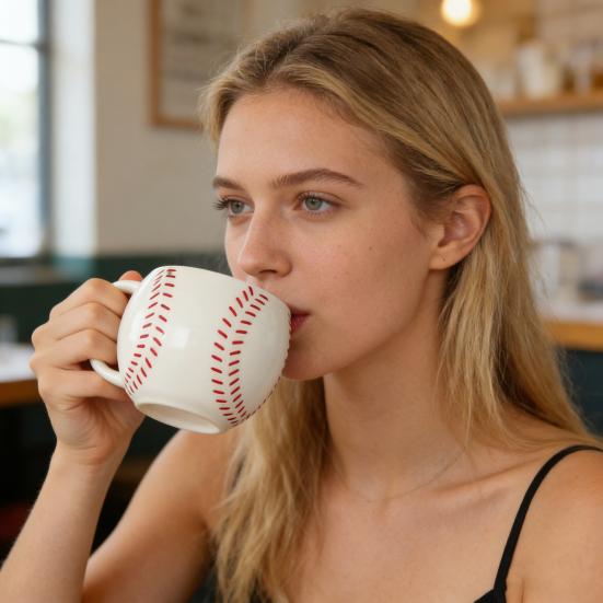Tasse à café en forme de baseball avec couvercle Poignée en forme de C Tasse en céramique 420 ml Tasse à boire de l'eau pour café thé boissons Utilisation à la maison cuisine extérieur