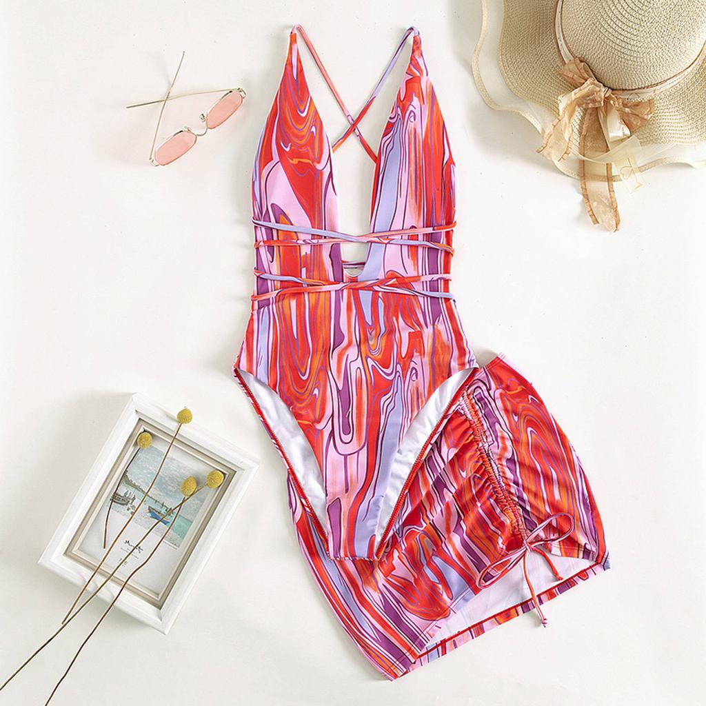 Fashion Women Printed Sexy Backless Retro Strap Swimsuit