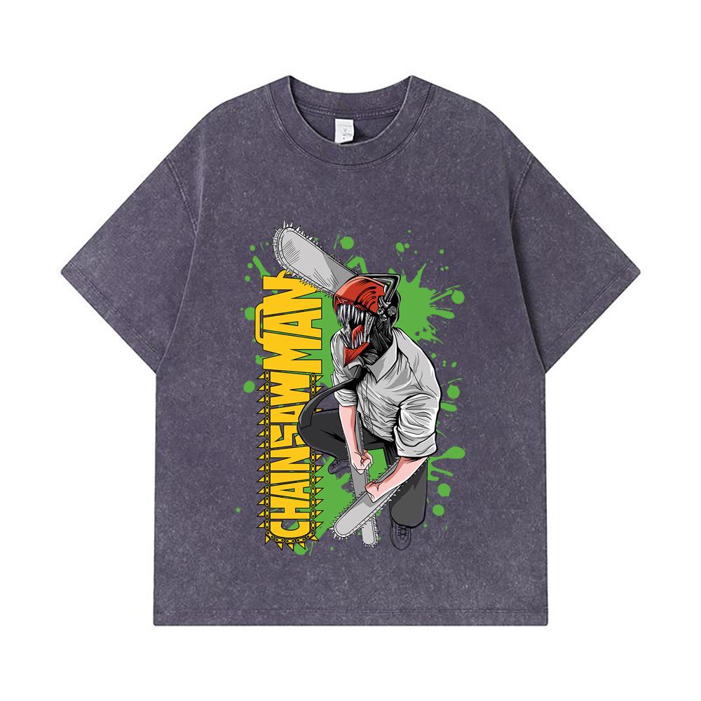275 GSM Washed T-shirts 100% Cotton Chainsaw Man V22 Denji Print Unisex Heavy Cotton T Shirt