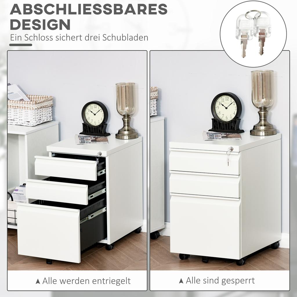 3 Drawer Filling Cabinet, Mobile Metal File Cabinet with Anti-tilt Design for Letter, A4, Legal Size, White