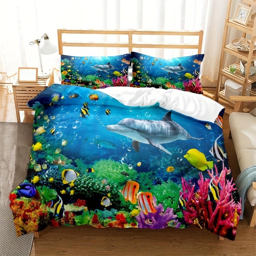 3pcs Blue Underwater World Dolphin 3D Printed Bedding Set Cozy Duvet Cover King Queen Twin Size Birthday Gift Bedroom Decoration