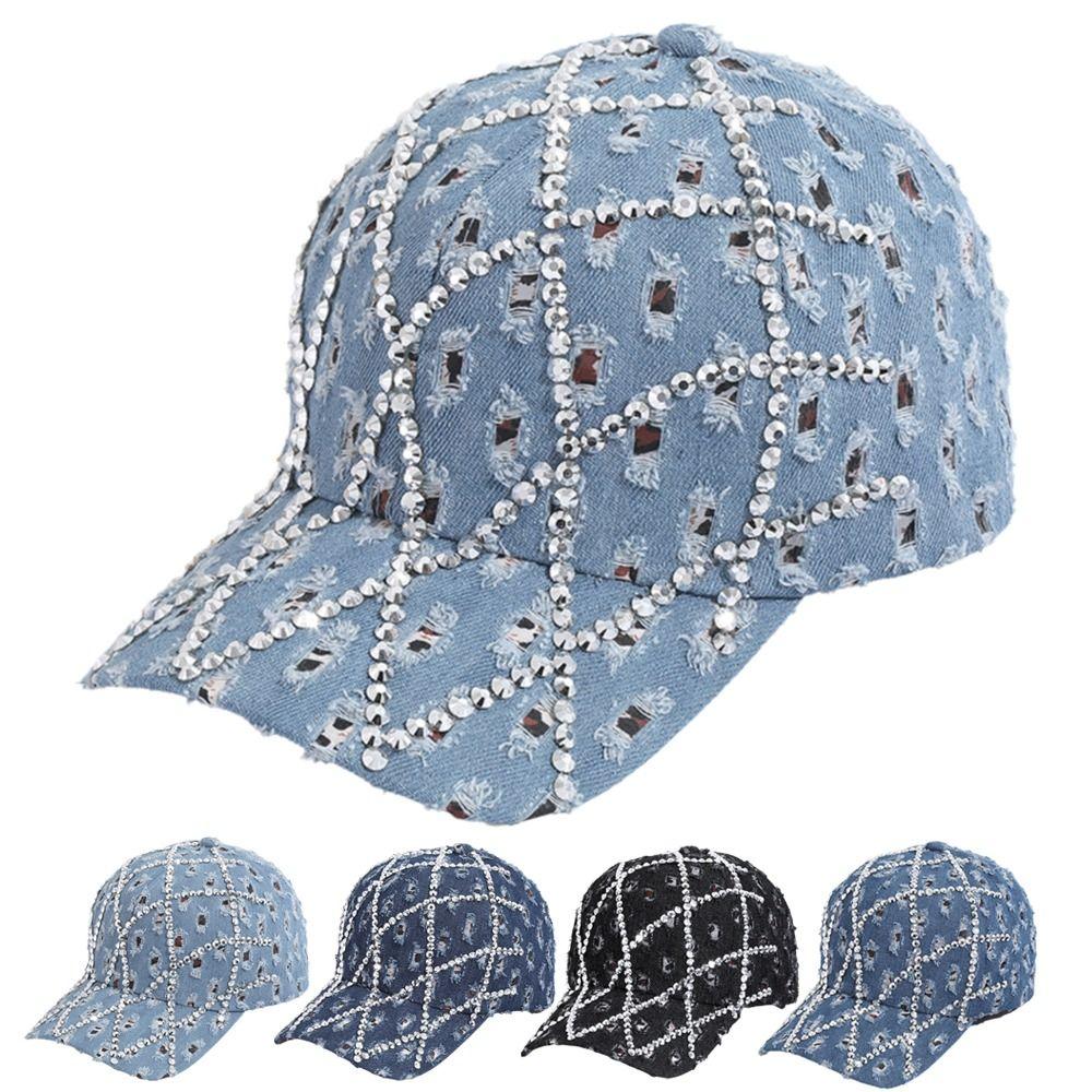Sparkling Distressed Denim Baseball Caps Grid Sun Hats Fashion Rhinestone Baseball Cap for Women