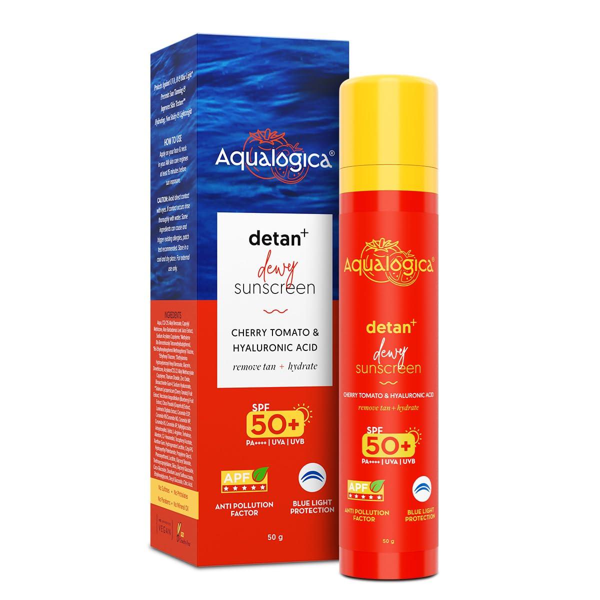 Aqualogica Detan Plus Dewy Sunscreen SPF 50 Plus PA Four Plus Lightweight No White Cast Daily Sun Shield 50 g
