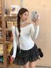 Lace Edge Slanted Shoulder Off-the-shoulder Long-sleeved T-shirt Women's Early Autumn New Pleated Waist and Thin Spice Girl Temperament Top