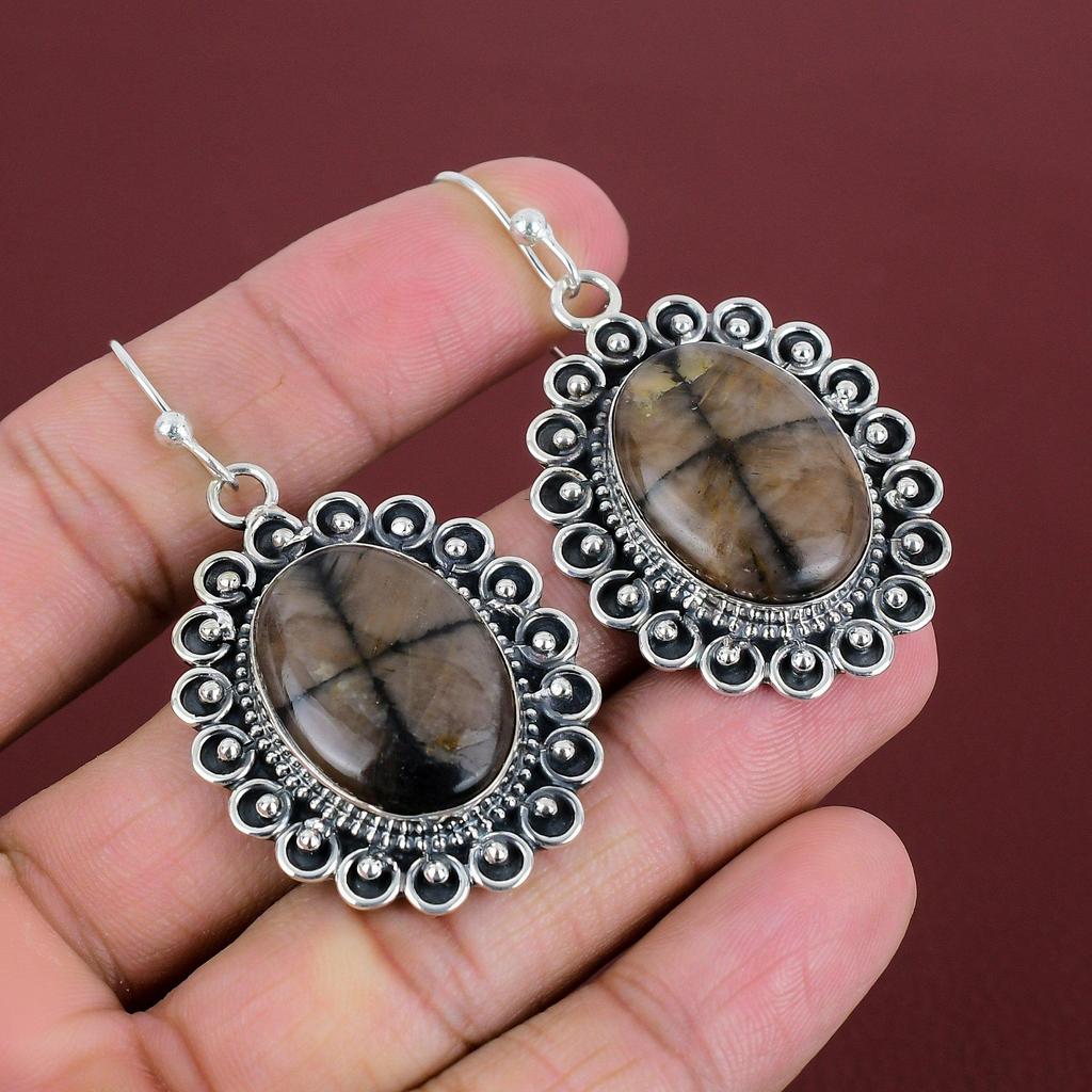 Chiastolitörhängen Ädelsten Handgjorda Smycken 925 Sterling Silver Örhängen Chiastolit Smycken Underbara Hängande Örhängen Jubileumspresenter