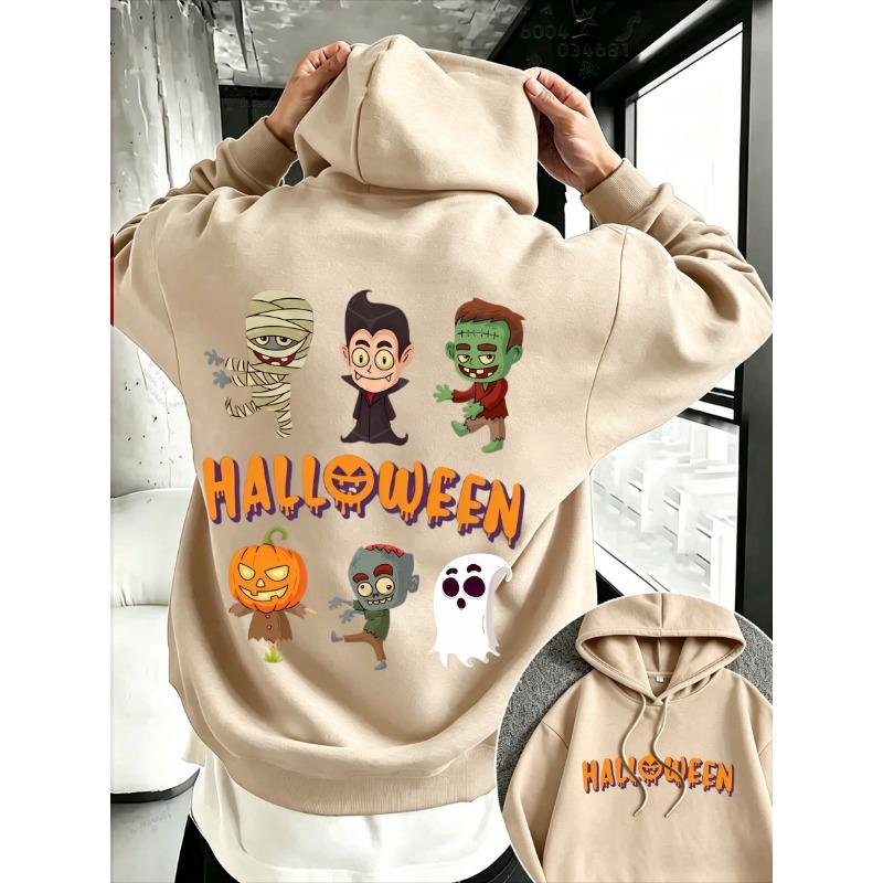 Halloween Men's Street Hoodie with Cartoon Witch, Zombie, Ghost and Pumpkin Double-sided Print, Couple Loose Pullover Sweater