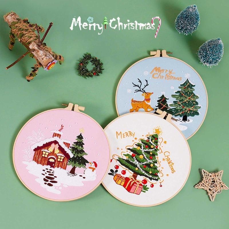 Christmas Pattern CrossStitch Kits Embroidery Starter DIY Kits with Embroidery Clothes Hoop Thread Needle for Beginner