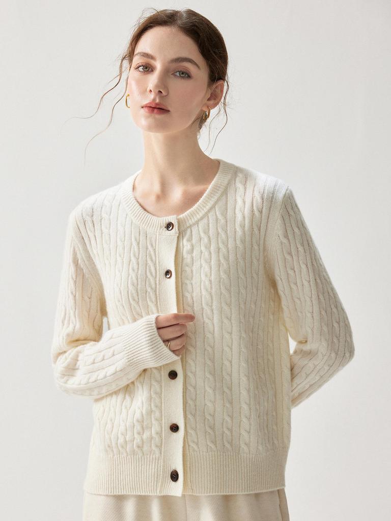 Elegant Twisted Cable Cashmere Cardigan - 2026 Autumn/Winter Women's Round Neck Thick Base Layer, Loose yet Slimming Outerwear