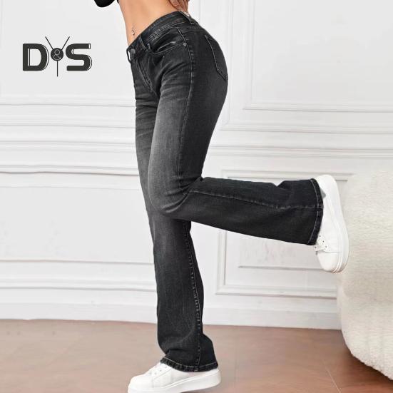 Damjeans Hög midja Utsvängd fåll Knäppning med dragkedja Gradientfärg Lös passform Flera fickor Streetwearbyxor Vardagskläder Långbyxor