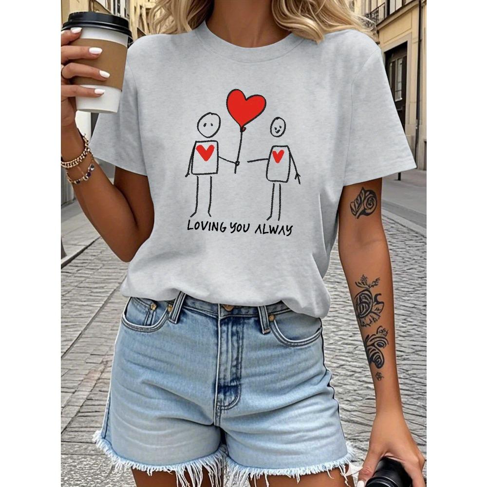 Women's Loving You Always Graphic Printed T-Shirt Fit Short Sleeve Casual Top with Heart Balloon Clothing