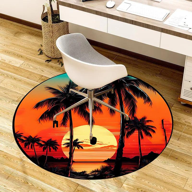 1pc Tropical Sunset with Palm Trees Round carpet, Made of Polyester,Office Chairs, Living Rooms, Or Bedrooms, a Cool Rug for The Living Room.ydt26075