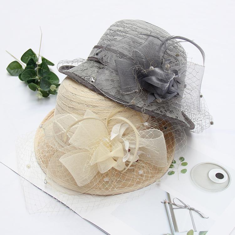 Curled top hat women's summer face cover mesh fashion basin hat British retro sun hat elegant flower lace bucket hat