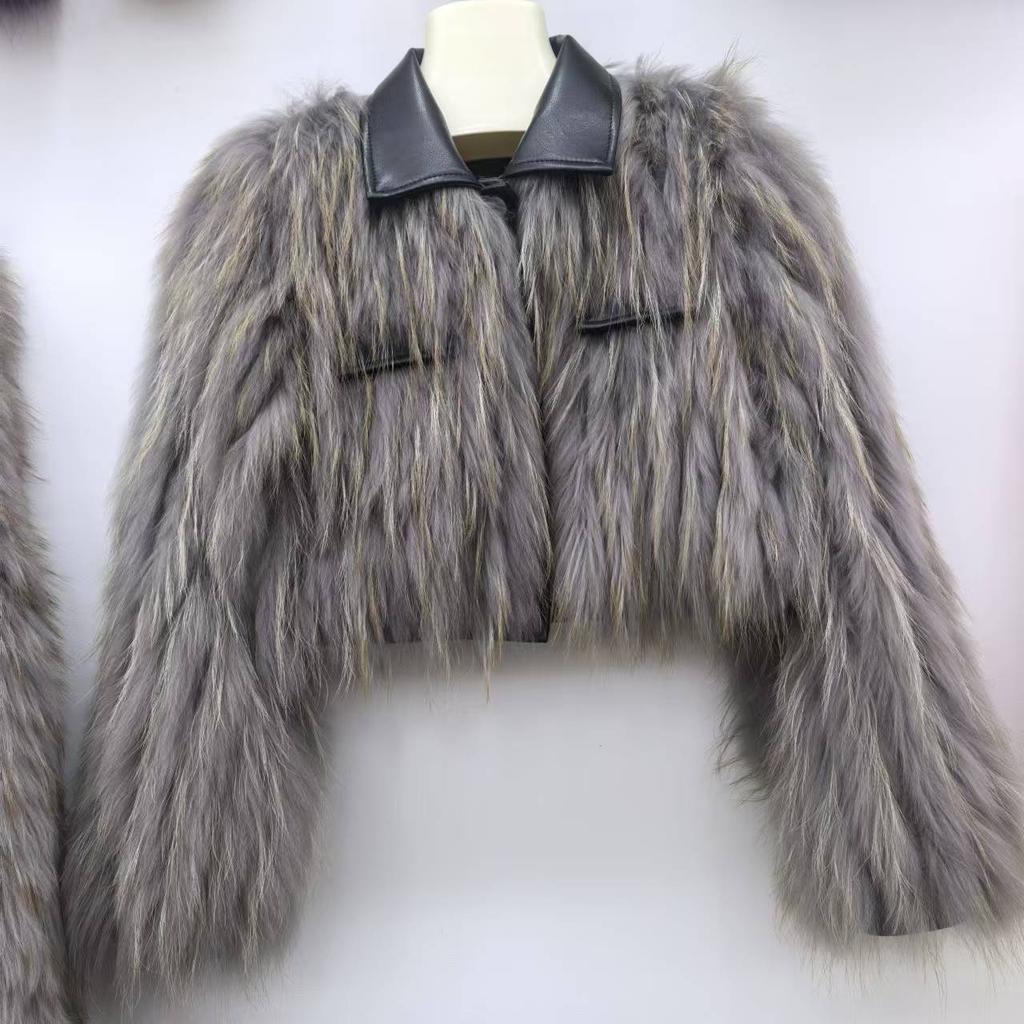 Women's Short Real Raccoon Wool Coat Sheepskin Square Collar Youthful Slim Fur Striped Coat for Women