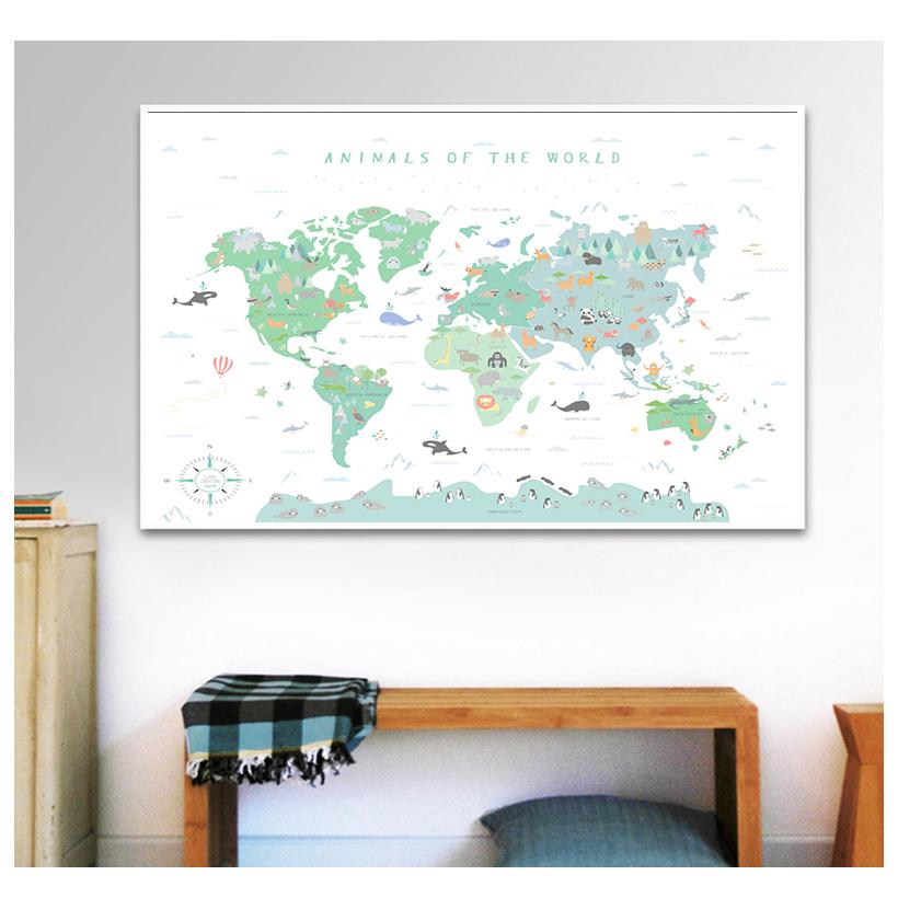 Animal Illustration World Map Wall Art Picture Kindergarten Printing and Painting Education Poster