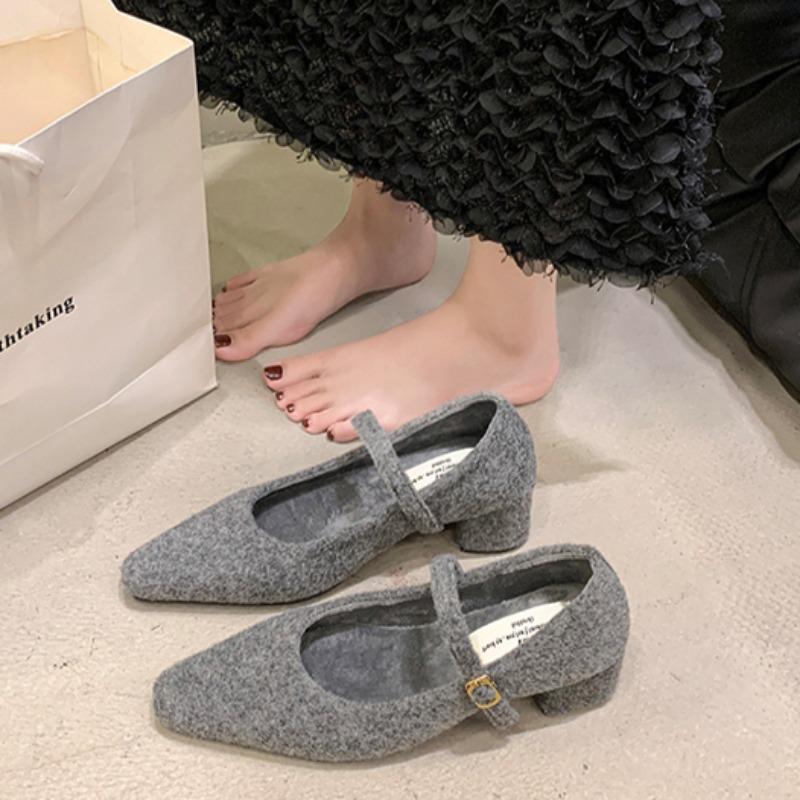 Fashion Women's Thick Heel Cotton Shoes Winter New Square Head Shallow Mouth Suede One Word Buckle Non-slip Low-top Shoes