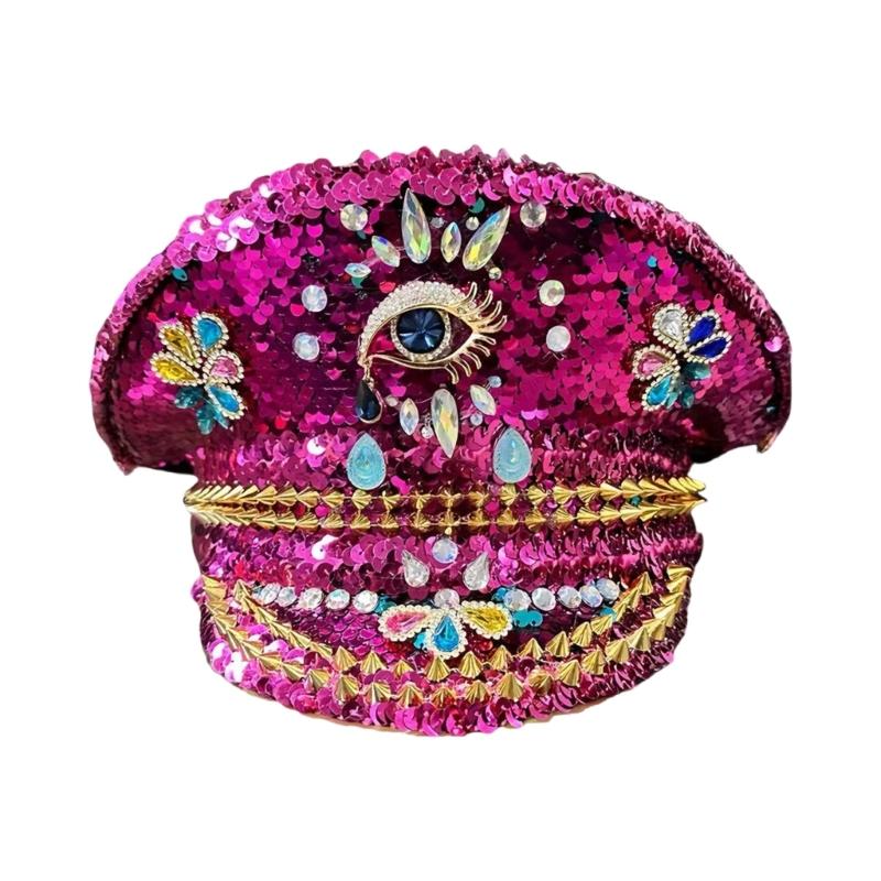 

Jeweled Crystal Captain Hat Bride Hat Sailor Hat for Bachelorette Party Headwear Hat Headgear for Club Stage 1