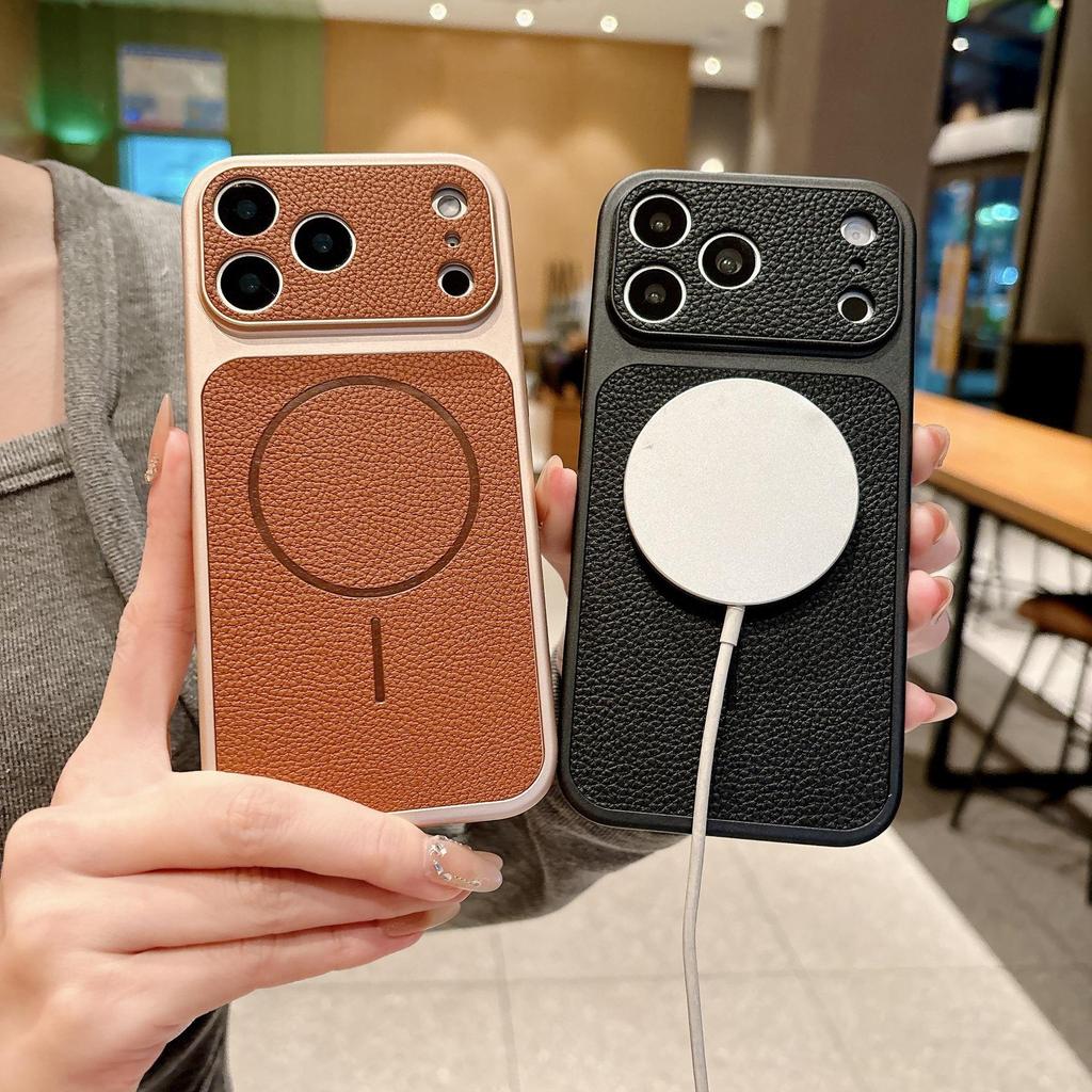 iPhone 17 PRO MAX Business Leather Lychee Pattern Magnetic Suction Phone Case with Drop Protection for Apple 16/15.