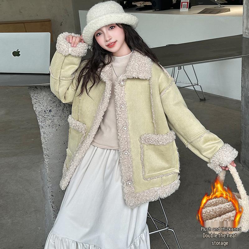 

Девичье зимнее пальто с меховой подкладкой 2025 - Модная теплая флисовая толстовка для детей старшего возраста 130