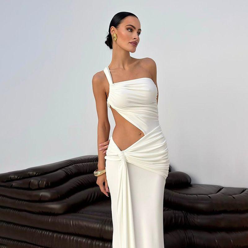 2025 European and American Cross-Border Summer Sexy One-Shoulder Backless Tube Top Dress Fashion Solid Lace-up Pleated Long Dress Women