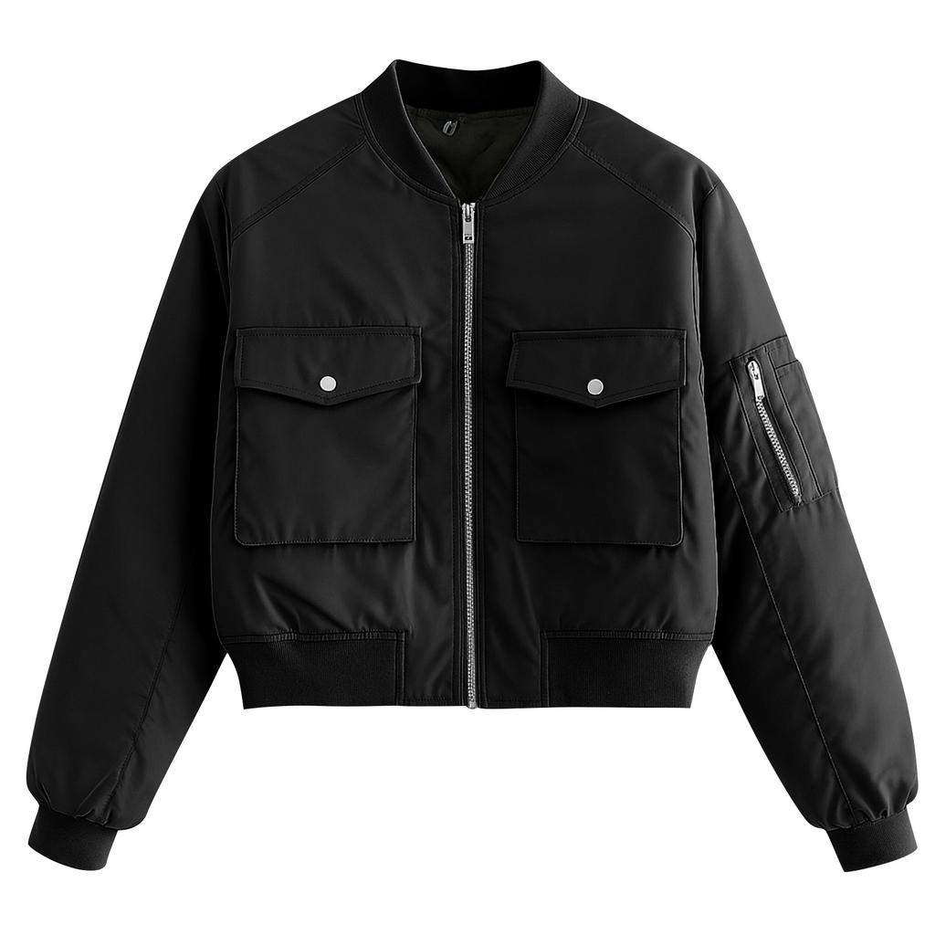 Ladies' Solid Color Fashionable Large Pocket Long Sleeved Zipper Casual Top  Jacket Jacket