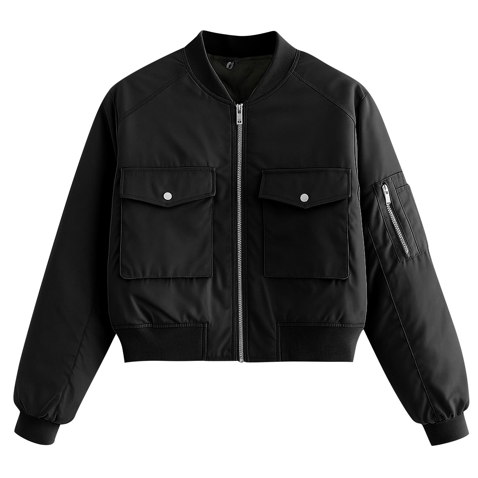 

Женская модная однотонная куртка с длинными рукавами на молнии и большим карманом, повседневный топ-куртка M