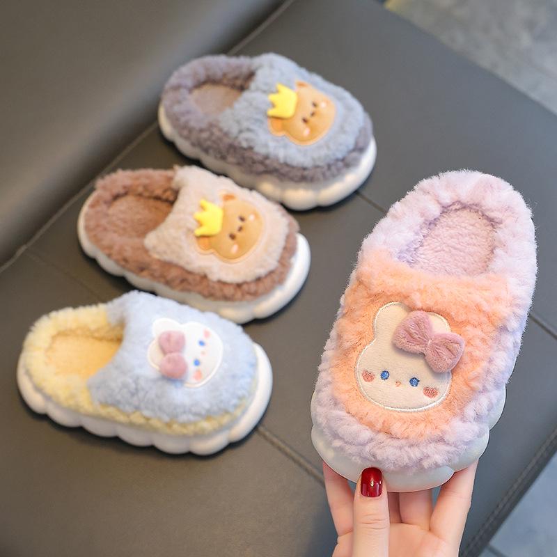 2025 Winter Kids' Plush Non-Slip Cotton Slippers with Heel - Cozy Indoor Footwear for Boys & Girls