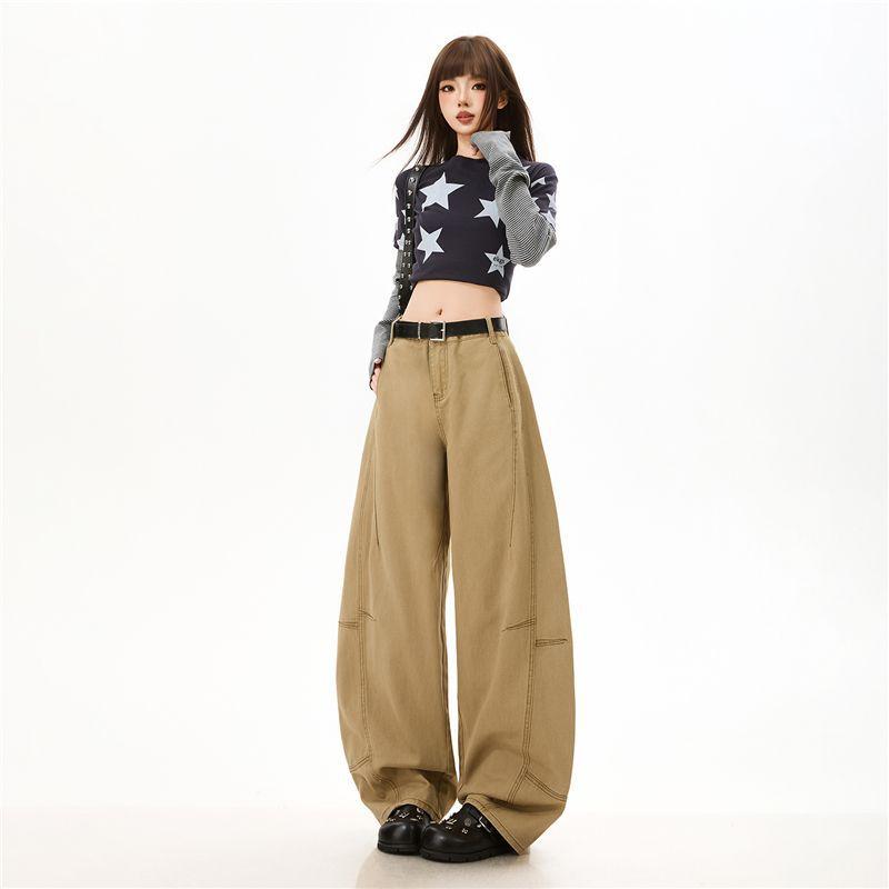 Spring Summer Heavy Faded Washed Camel Pure Cotton Patchwork Loose Saber Cut Trendy Denim Long Pants Ladies Casual Pants Oversize Denim Trousers