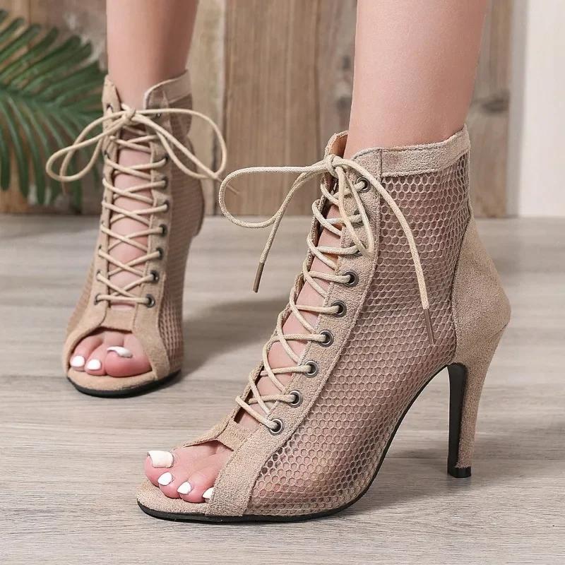 Women's Sandals 2026 Summer Boots High Top High Heels Dance Ballroom Ladies Shoes Girl Fashion Party Mesh Cutout Heeled Sandals