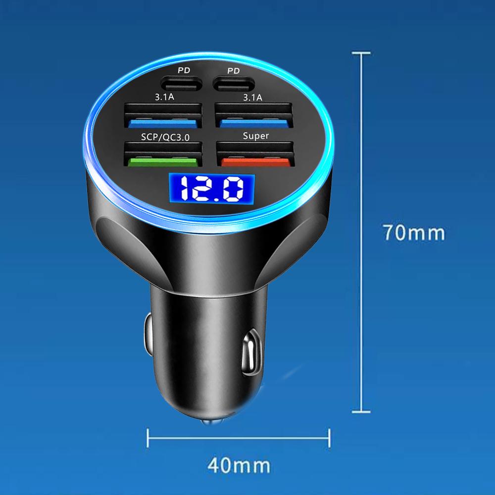 Автомобильное зарядное устройство с 6 портами USB 4 USB + 2 PD Быстрая зарядка PD QC3.0 Автомобильное зарядное устройство USB C для телефона Адаптер типа C для iPhone Samsung Huawei с дисплеем напряжения