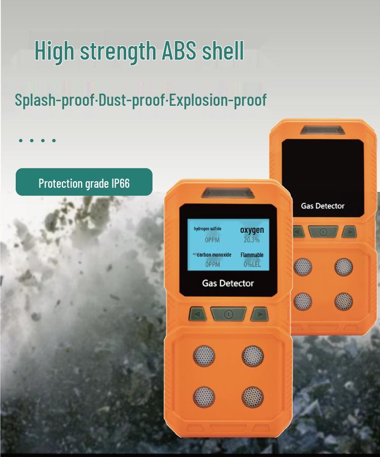 Portable 4-in-1 Gas Detector: Combustible, Oxygen, Hydrogen Sulfide & Carbon Monoxide.
