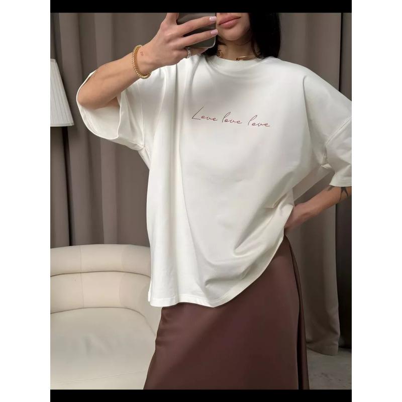 Women's Short Sleeve Letter Print Tee Round Neck Loose Fit Casual Vintage Summer T-Shirt