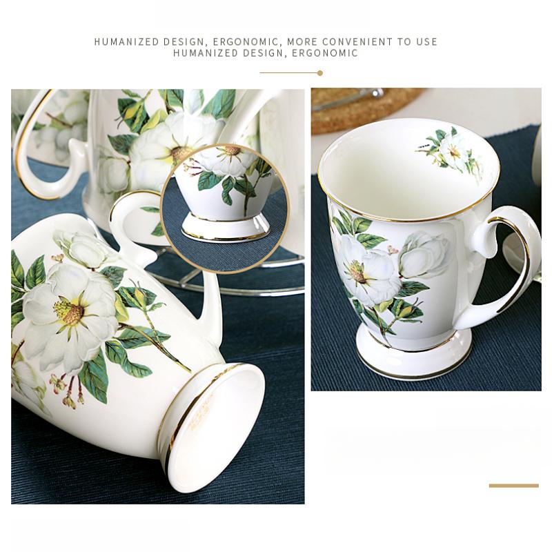 Light Luxury Ceramic Tea Mug 300ml - Fine Porcelain Bone China Coffee Mug with Gold Trim, Camelia Floral Vintage Tea Cups with Handle,1pc