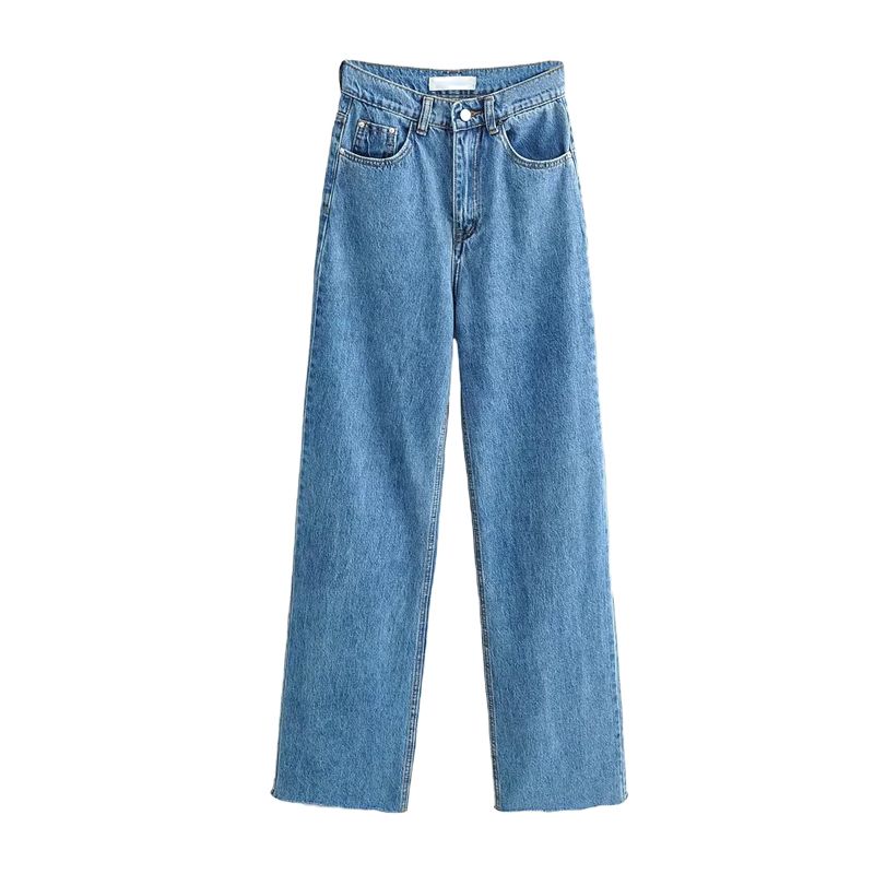 Fall and Winter New Arrival Women's Fashion All-Match Silm Slim Looking Trendy High Waist Raw Hem Wide Legs Mop Denim Pants