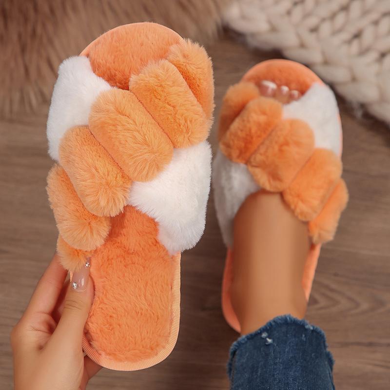Fashion Contrast Color Cross Strap Plush Slippers for Women Winter Fashion Fluffy House Slippers Woman Cozy Warm Faux Rabbit Fur Slides