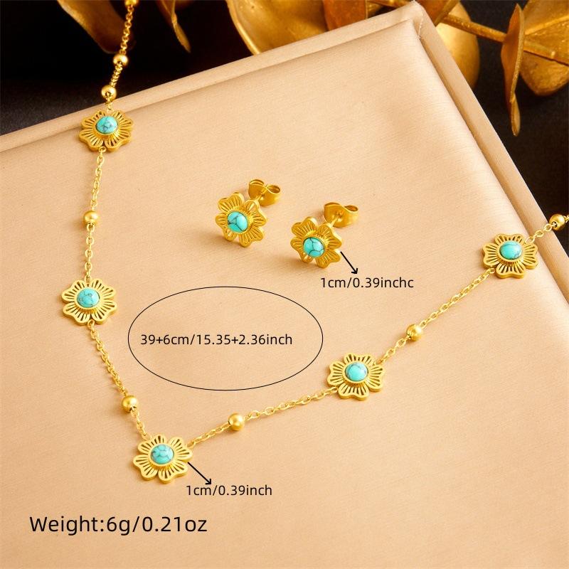 Vintage Turquoise Flower Gold Plated Chain Stainless Steel Necklace Earrings Bracelet Set Fashion Unique Accessories