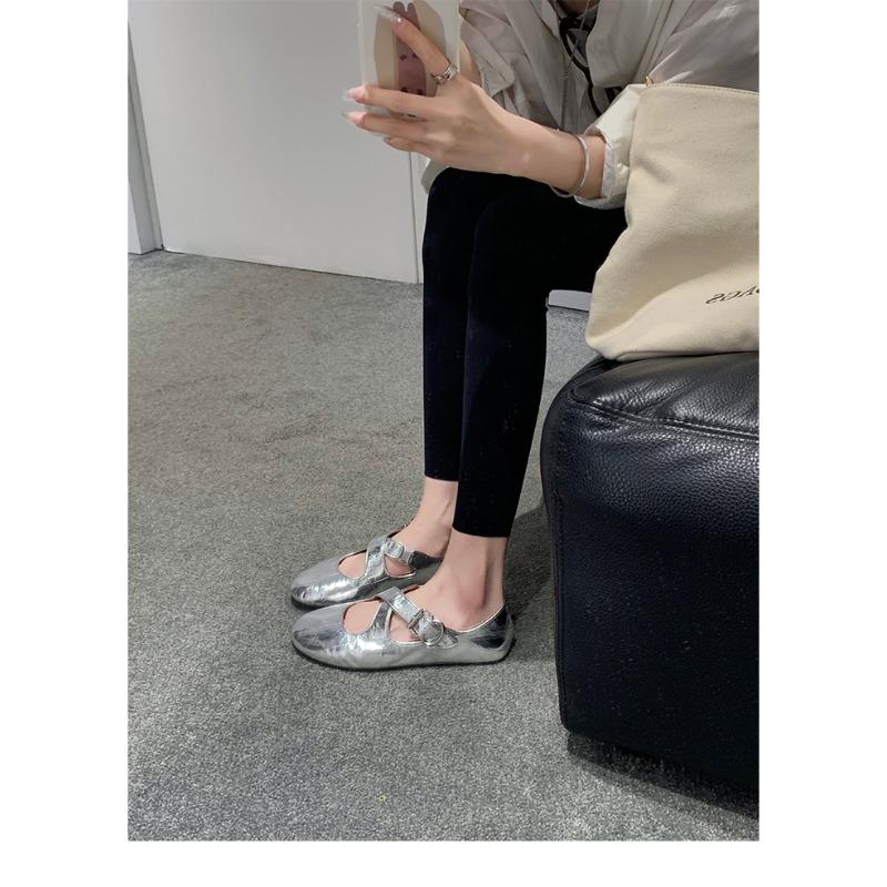 Sheepskin version~ Leather soft-soled silver Mary Jane single shoes women's cross-buckle round head ballet flat shoes small leather shoes