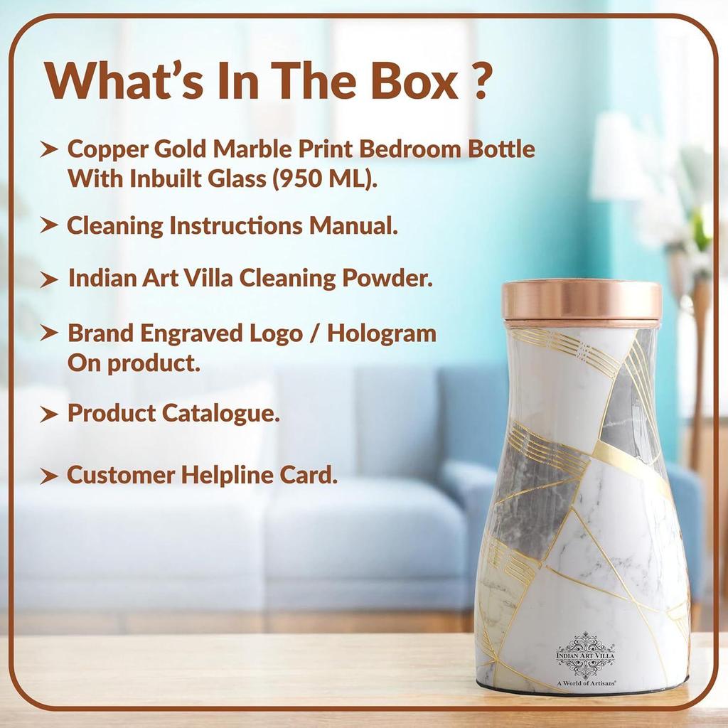 Gold Marble Print Copper Water Bedroom Bottle, Designer Copper Drinkware, Volume- 950 ML