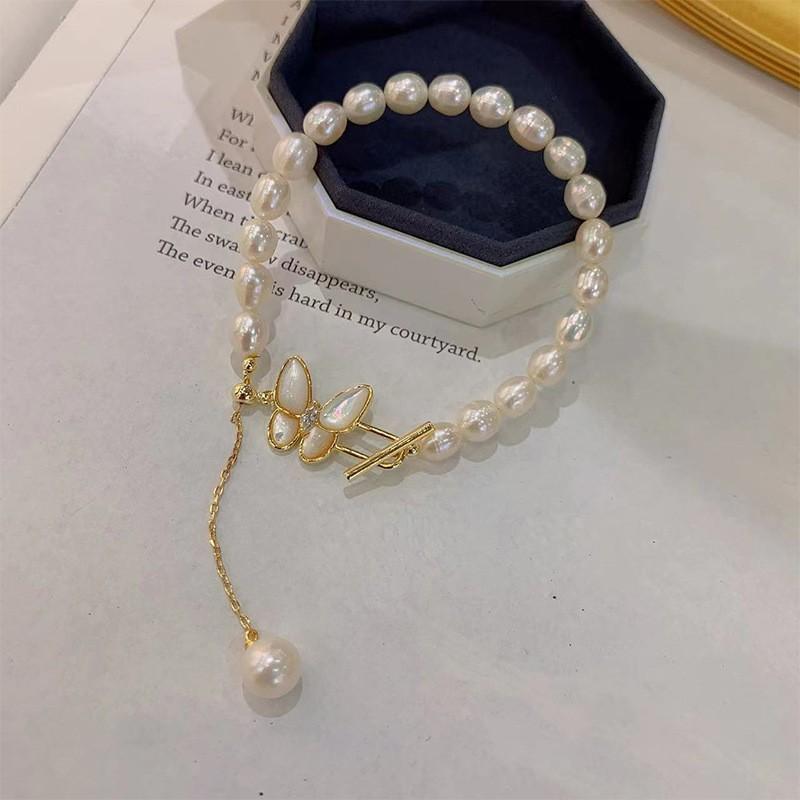 Freshwater Pearl Necklace Zircon Butterfly T-Shaped Buckle Tassel Necklace Mori Temperament Versatile Clavicle Chain