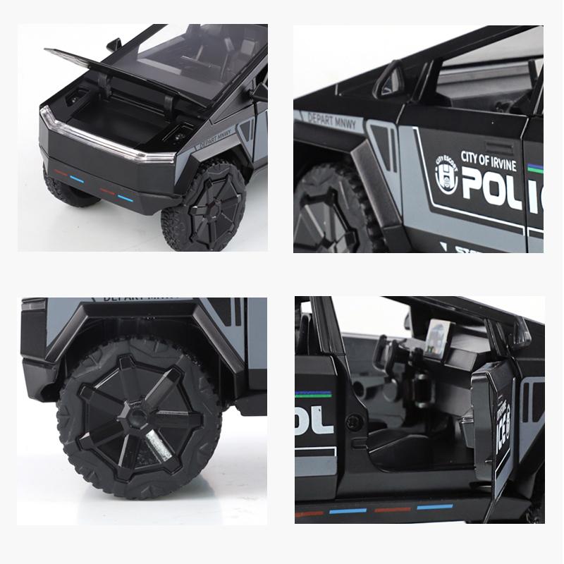 1/24 Tesla Police Cybertruck Off Road Alloy Metal Diecast Model Car Outdoor Collections Classic Trendy Toy Decorations Valentine Kids