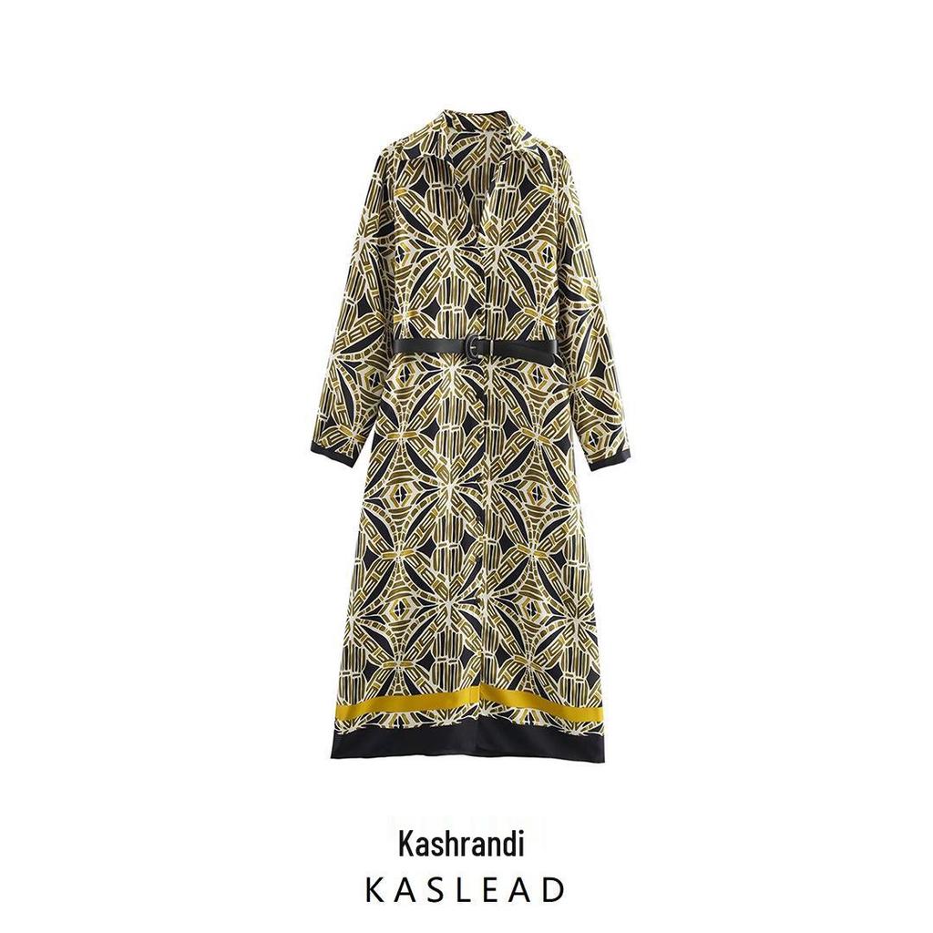 Vestido Midi Estampado con Cinturón y Cuello en V Europeo y Americano para Mujer Primavera 2025