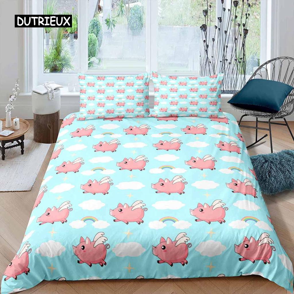 Pig Duvet Cover Set Cute Pig Bedding Set King Size Zoo Quilt Cover Happy Farm Animal Comforter Cover with Zipper Closure for Kid