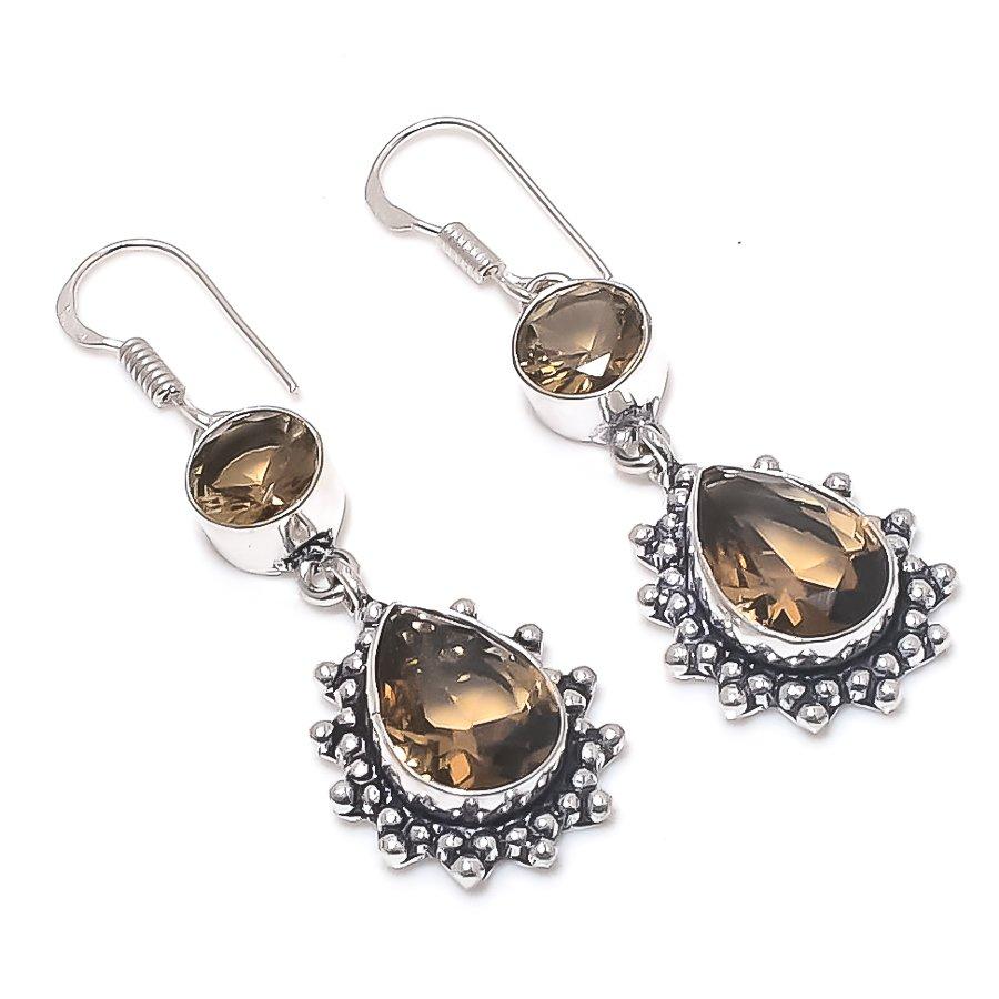 Natural Smoky Topaz Gemstone Handmade 925 Sterling Silver Earring 2.09" Y4d44