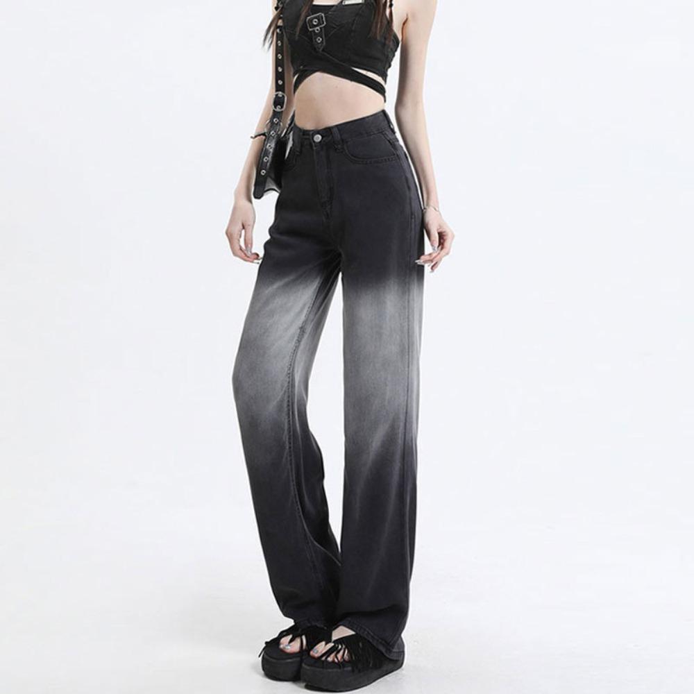 858 Black and Gray Gradual Change Wide-leg Jeans Versatile Niche Contrasting Pants Covering Meat Pear-shaped Straight Thin Floor Pants